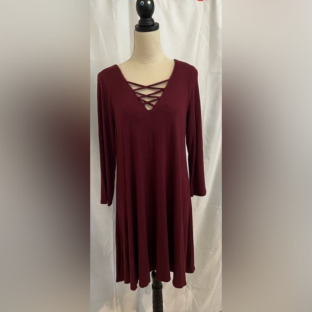 Justify Burgundy Wine Long Sleeve Flowy A-Line Dress Cross Cross X Neckline XL‎